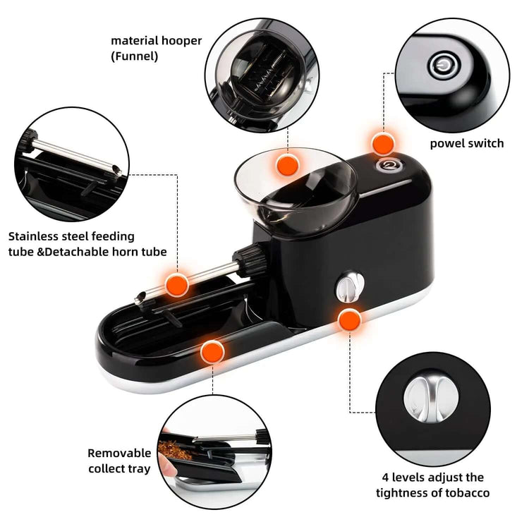 Electric Rolling Machine con detalles de diseño, interruptor de poder y bandeja de recolección removible.