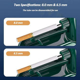 Imagen de la Electric Rolling Machine mostrando especificaciones de 8.0 mm y 6.5 mm para rodar cigarrillos.