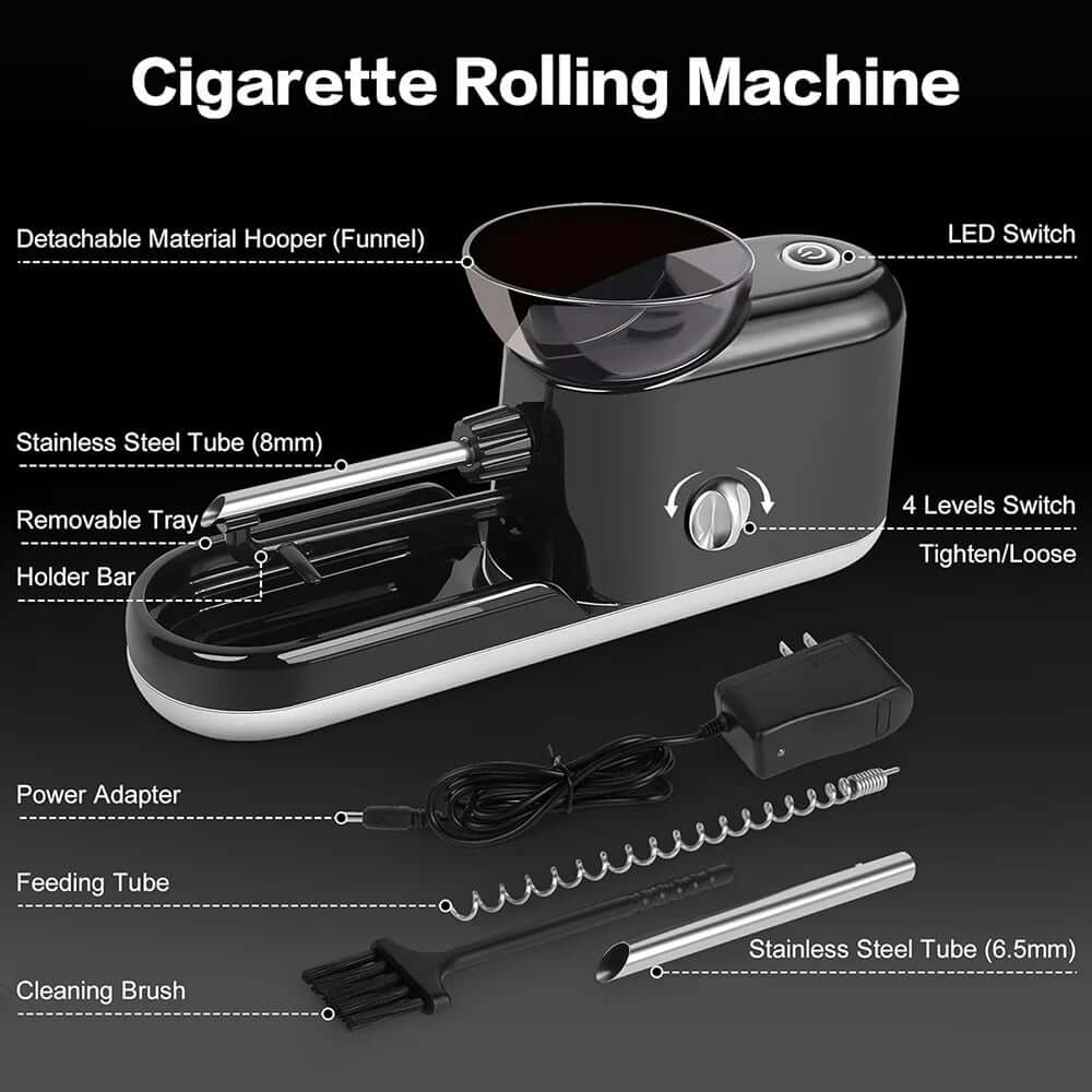 Imagen de la Electric Rolling Machine con varias funciones y accesorios como adaptador de energía y tubos de acero inoxidable.