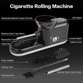 Imagen de la Electric Rolling Machine con varias funciones y accesorios como adaptador de energía y tubos de acero inoxidable.