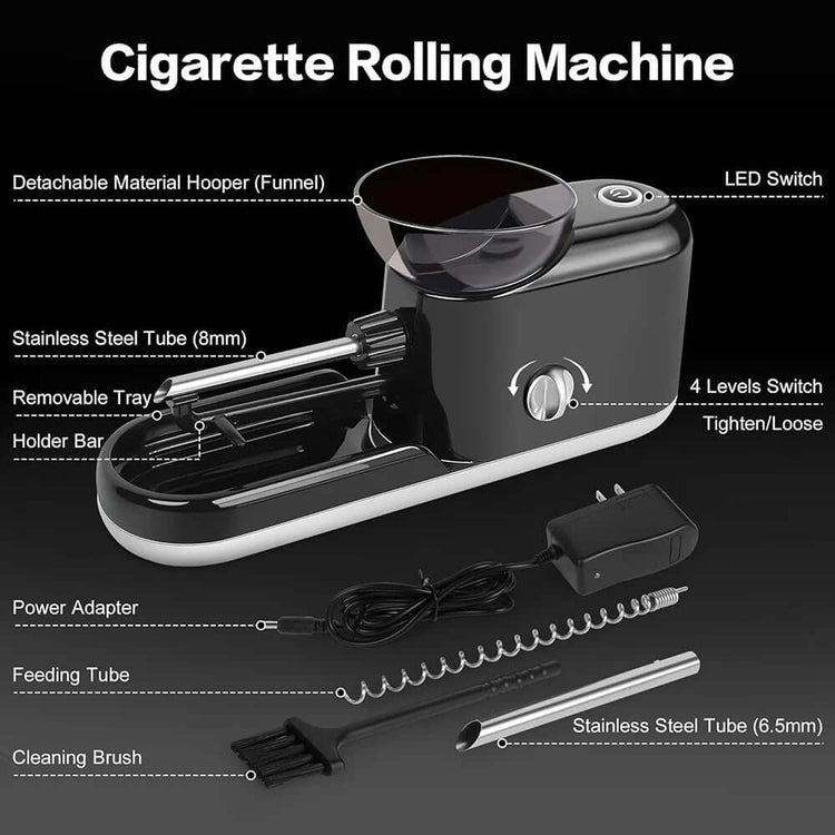 Imagen de la Electric Rolling Machine con varias funciones y accesorios como adaptador de energía y tubos de acero inoxidable.