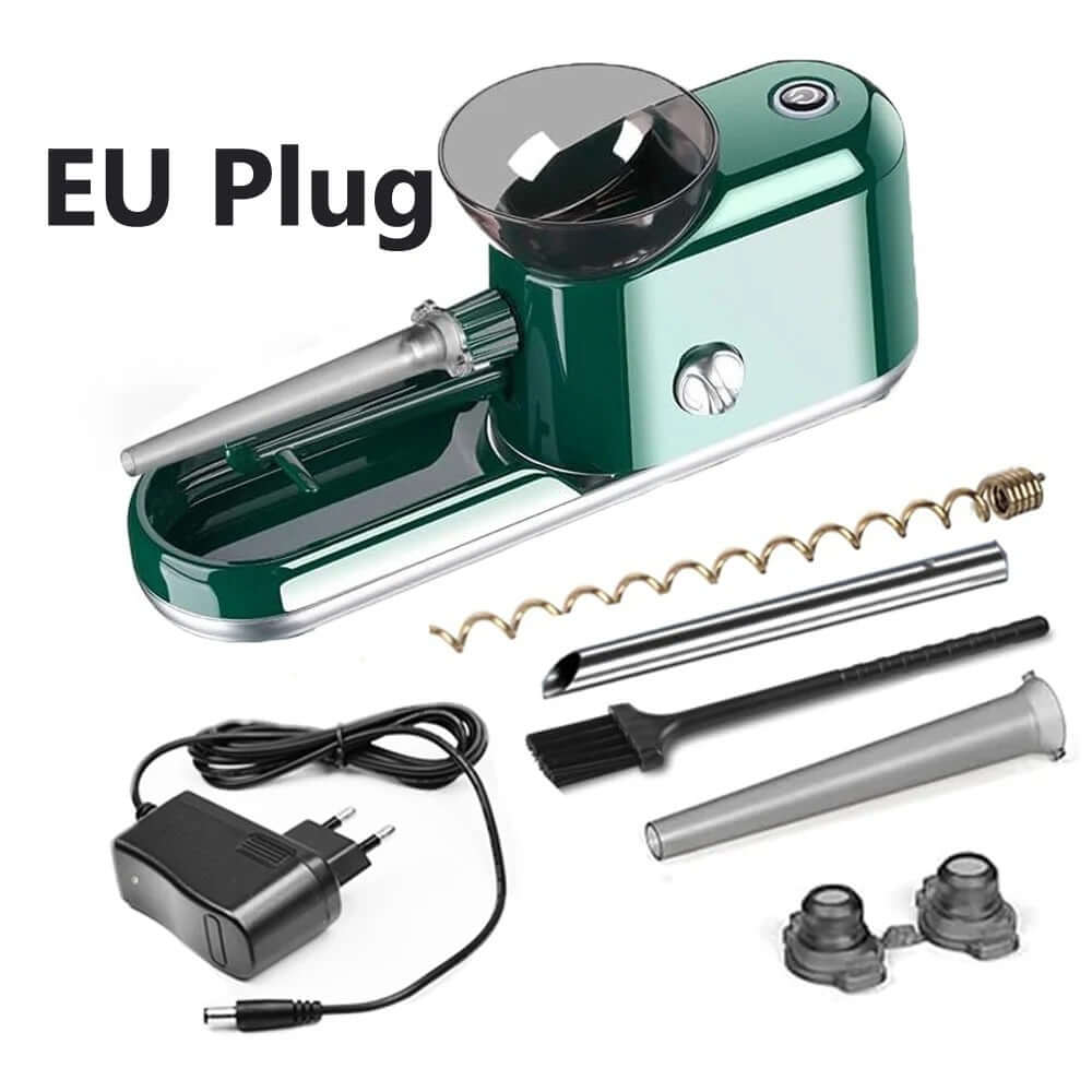 Electric Rolling Machine con enchufe EU y accesorios, ideal para preparar cigarrillos de manera rápida y eficiente.